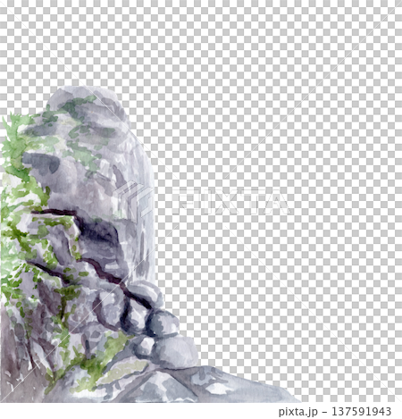 Stone rock with moss in Asian zen garden style. Watercolor landscape element isolated on white, decorative illustration for Japanese garden design, meditation, spa backgrounds, tranquil nature scenes Stone rock with moss in Asian zen garden style. Watercolor landscape element isolated on white, decorative illustration for Japanese garden design, meditation, spa backgrounds, tranquil nature scenes 137591943