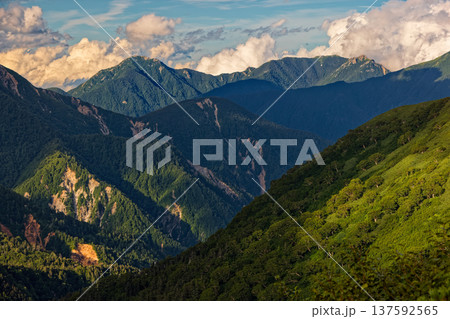 北アルプス・双六小屋から見る夕方の餓鬼岳・唐沢岳 137592565