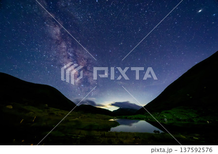 夏の天の川と北アルプス・双六小屋テント場の夜景 137592576