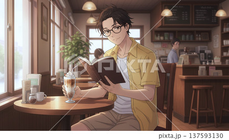 お洒落なカフェで読書をしながらコーヒーを楽しむ眼鏡の男性 休日とリラックスのイメージ お洒落なカフェで読書をしながらコーヒーを楽しむ眼鏡の男性 休日とリラックスのイメージ 137593130