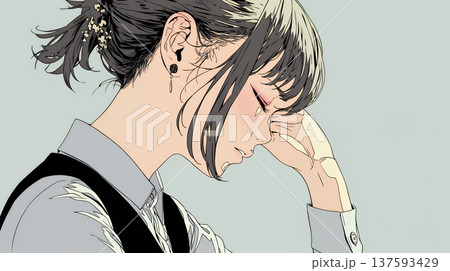 ミスやトラブルを反省して謝る若い女性｜申し訳なさそうな表情のビジネスイメージイラスト