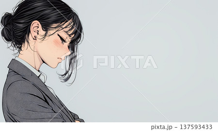 ミスやトラブルを反省して謝る若い女性｜申し訳なさそうな表情のビジネスイメージイラスト