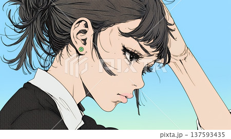 ミスやトラブルを反省して謝る若い女性｜申し訳なさそうな表情のビジネスイメージイラスト 137593435