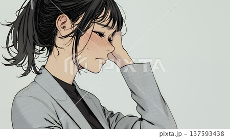 ミスやトラブルを反省して謝る若い女性｜申し訳なさそうな表情のビジネスイメージイラスト