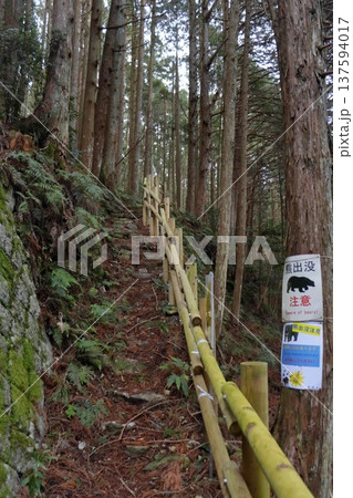 熊野古道 登山道に掲示される熊出没注意の張り紙（通り峠入口） 137594017