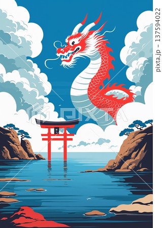 海に立つ鳥居と巨大な龍 運気上昇のイラスト / Red Torii in Sea and Giant 137594022