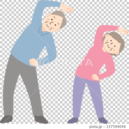 立って側屈ストレッチをするシニア男女 立って側屈ストレッチをするシニア男女 137594048