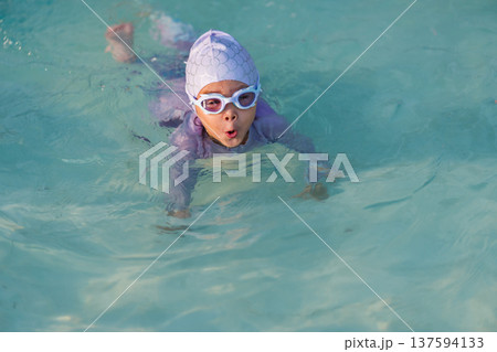 preschool child girl playing and swimming in pool preschool child girl playing and swimming in pool 137594133