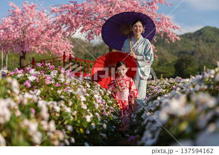 woman and child girl in yukata (kimono dress) with sakura flower or cherry blossom blooming in garden woman and child girl in yukata (kimono dress) with sakura flower or cherry blossom blooming in garden 137594162