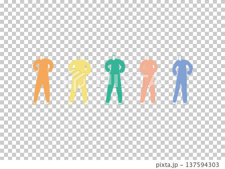 腰に手を当てる人物のゆるいカラフルな手描きイラストセット 137594303