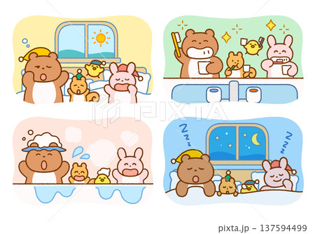 動物キャラクターの生活習慣イラストセット｜歯みがき・お風呂・保育向け 137594499