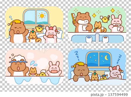 動物キャラクターの生活習慣イラストセット｜歯みがき・お風呂・保育向け 137594499