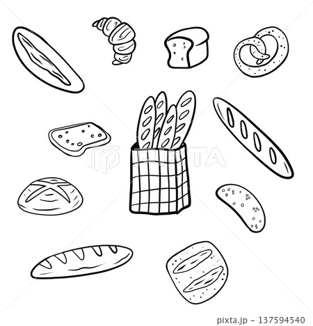 Bread, pastries and bakery hand draw set. Set of bakery products signs and symbols. Fresh and natural bread, rolls, baguettes, donuts, bagels and croissants. Linear logos isolated on white background 137594540