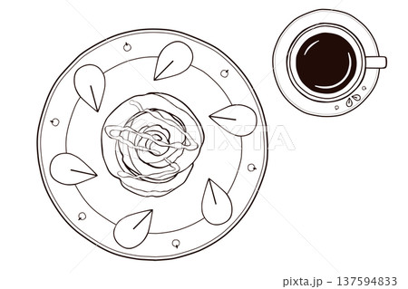 シナモンロールとコーヒーの北欧朝食セット（線画） 137594833