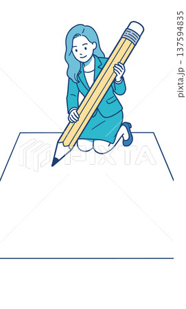 大きな鉛筆でアイデアを描くビジネス女性イラスト 137594835