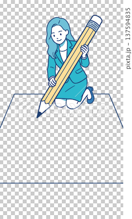 大きな鉛筆でアイデアを描くビジネス女性イラスト 137594835