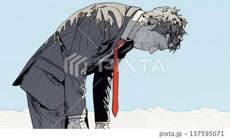 ミスやトラブルを反省してうなだれるビジネスマン｜落ち込む会社員のビジネスイメージイラスト