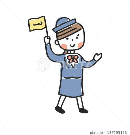 旗を持って案内するバスガイドの女性① 137595128