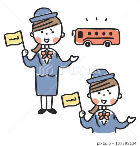 バスへ案内するバスガイドの女性_全身と上半身のセット バスへ案内するバスガイドの女性_全身と上半身のセット 137595134