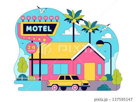 Retro Roadside Motel Illustration With Neon Sign, Palm Trees, Vintage Cars, Colorful Summer Travel Accommodation, American Highway Lodging Scene 137595147