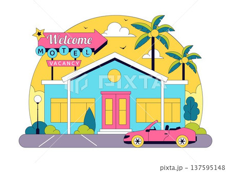 Retro Roadside Motel Illustration With Neon Sign, Palm Trees, Vintage Cars, Colorful Summer Travel Accommodation, American Highway Lodging Scene Retro Roadside Motel Illustration With Neon Sign, Palm Trees, Vintage Cars, Colorful Summer Travel Accommodation, American Highway Lodging Scene 137595148