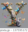 アルファベットYに絡む花とチョウとこにゃんこ 137595172