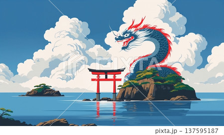 海と龍神 入道雲と鳥居の風景 夏の和風背景 Blue Dragon with Sea and Tor 137595187