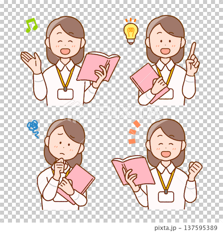 一套四幅插圖，描繪了一位女教師手持教科書的場景 | 學校和教育用品 137595389