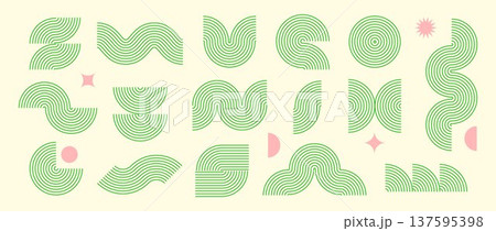Green boho line element collection. Bohemian decorative wave and curve form set for badge, logo, card, poster, banner. Mid century geometric pink decor and zigzag objects. Vector wavy arc shapes Green boho line element collection. Bohemian decorative wave and curve form set for badge, logo, card, poster, banner. Mid century geometric pink decor and zigzag objects. Vector wavy arc shapes 137595398