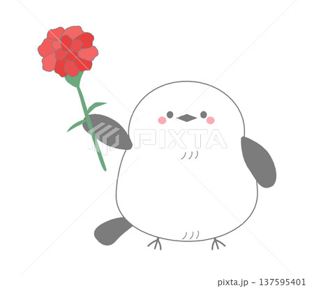 母の日のカーネーションを差し出す可愛いシマエナガの手描きイラスト 137595401