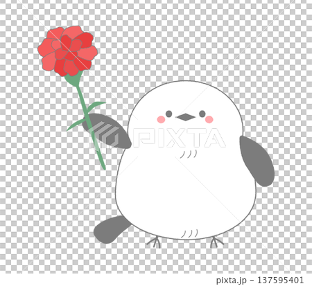 母の日のカーネーションを差し出す可愛いシマエナガの手描きイラスト 137595401