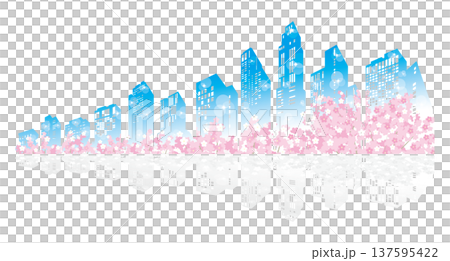 一幅描繪春日小鎮景色的插圖，櫻花盛開。 137595422