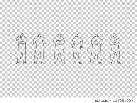 A loose hand-drawn illustration set of a person tilting their head left and right and thinking 137595557