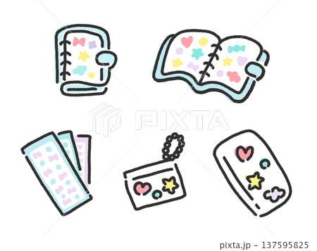 手描きのかわいいシール帳とシールのセット　水色　デコレーション　スマホ　ストラップ 137595825