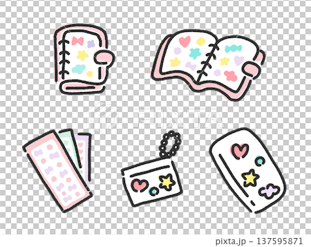 手描きのかわいいシール帳とシールのセット　ピンク　デコレーション　スマホ　ストラップ 137595871