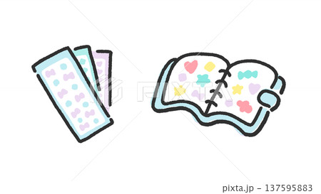 手描きのかわいい線画のシール帳とシールのセット　水色 137595883