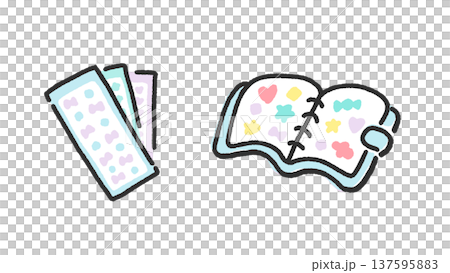 手描きのかわいい線画のシール帳とシールのセット　水色 137595883