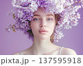 Spring portrait of woman with cherry blossom wreath, soft beauty concept 137595918