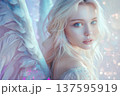 Female model with white angel wings, gentle fashion imagery 137595919