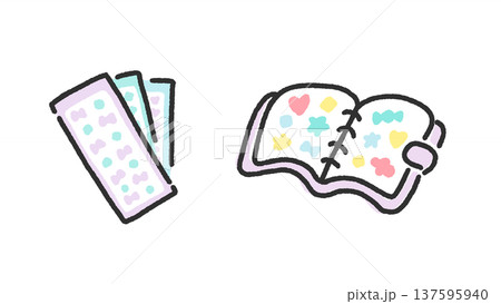 手描きのかわいい線画のシール帳とシールのセット　パープル 137595940