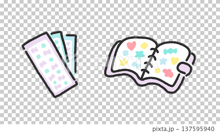 手描きのかわいい線画のシール帳とシールのセット　パープル 137595940