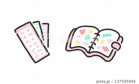 手描きのかわいい線画のシール帳とシールのセット ピンク 手描きのかわいい線画のシール帳とシールのセット ピンク 137595948