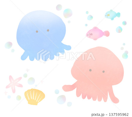 かわいい手描きの水彩タッチの海の生き物 137595962