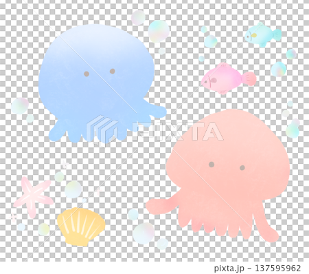 かわいい手描きの水彩タッチの海の生き物 137595962