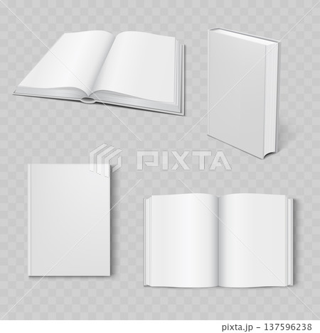 Realistic White Hardcover Book Mockup Set. Vector Blank Open, Closed and Standing Templates with Turning Pages. 137596238