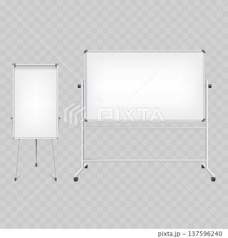 Realistic Blank Whiteboard Mockup Set. Vector Flip Chart on Tripod and Mobile Dry Erase Board on Wheels. Realistic Blank Whiteboard Mockup Set. Vector Flip Chart on Tripod and Mobile Dry Erase Board on Wheels. 137596240
