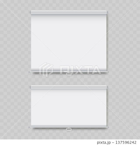 Realistic Blank Projector Screen Mockup Set. Vector Pull-Down Projection Canvas Templates for Presentation or Cinema. Realistic Blank Projector Screen Mockup Set. Vector Pull-Down Projection Canvas Templates for Presentation or Cinema. 137596242