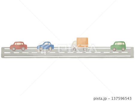 やさしい水彩風の道路と車のイラスト｜車 道路 交通 街並み 137596543