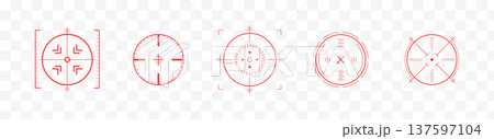 Crosshair Hud red. Game interface with tactical Hud. Aiming icons for futuristic shooter or cyber military simulation projects. Flat Vector illustration Crosshair Hud red. Game interface with tactical Hud. Aiming icons for futuristic shooter or cyber military simulation projects. Flat Vector illustration 137597104