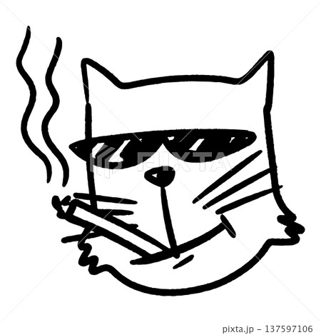 Cool cat wearing sunglasses smoking a cigarette hand drawn doodle illustration. 137597106